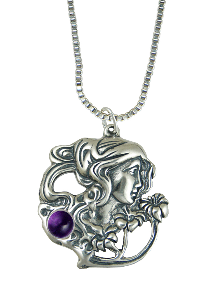 Sterling Silver Garden Woman Maiden Pendant With Amethyst